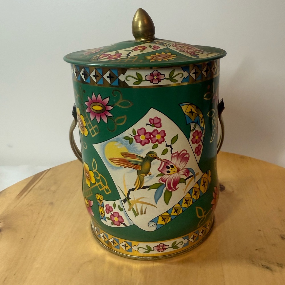 Vintage Hummingbird Murray Allen Regal Crown Confectionery Tin Handle Lid 7"